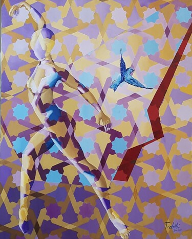 Картина под названием "L'oiseau bleu" - Sabrine Trabelsi, Подлинное произведение искусства, Масло Установлен на Деревянная р…