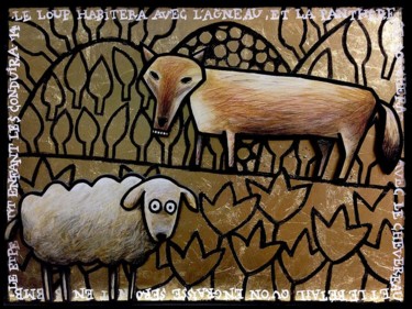 Painting titled "loup & agneau" by Sacha Schwarz, Original Artwork, Acrylic Mounted on Wood Panel