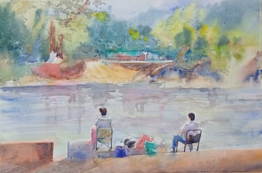 Painting titled "Fishing 2" by Sada Canvas, Original Artwork, Watercolor