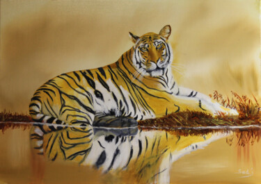 Peinture intitulée "Tigre au repos" par Sadi Boualam, Œuvre d'art originale, Huile