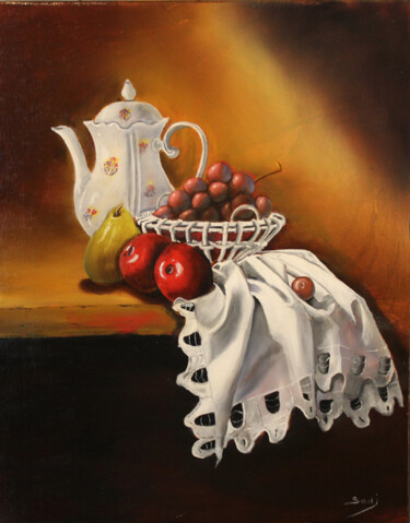 Peinture intitulée "Pot et broderie bre…" par Sadi Boualam, Œuvre d'art originale, Huile