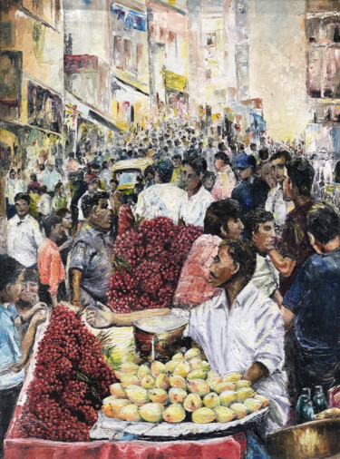 Schilderij getiteld "Indian Summer Bazaar" door Saif Ahmad, Origineel Kunstwerk, Olie
