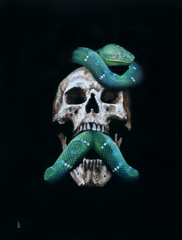 Painting titled "Morelia viridis" by Sailev, Original Artwork, Oil Mounted on Wood Stretcher frame