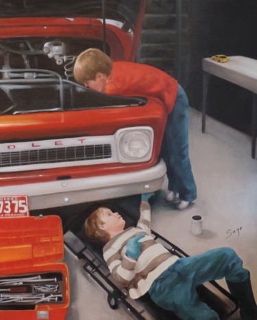 Peinture intitulée "Dans le garage à pa…" par Sajó, Œuvre d'art originale, Huile