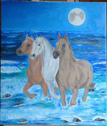 Картина под названием "chevaux sur la plage" - Robert Saldana, Подлинное произведение искусства, Масло