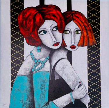 Painting titled "L'amitié" by Salette Viana, Original Artwork, Acrylic Mounted on Wood Stretcher frame