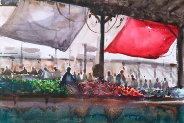 Painting titled "Popular market" by Samar Alzaidy, Original Artwork, Watercolor