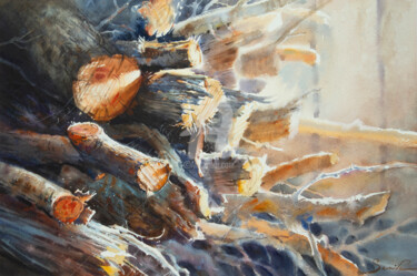 Peinture intitulée "Firewood in the Sun…" par Samira Yanushkova, Œuvre d'art originale, Aquarelle