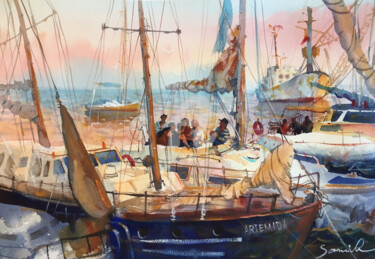 Pintura intitulada "Evening at Sea" por Samira Yanushkova, Obras de arte originais, Aquarela