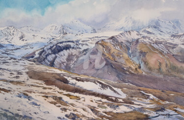 Schilderij getiteld "Mountains - Landsca…" door Samira Yanushkova, Origineel Kunstwerk, Aquarel