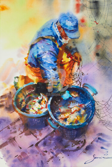 Ζωγραφική με τίτλο "Fisherman" από Samira Yanushkova, Αυθεντικά έργα τέχνης, Ακουαρέλα