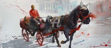 Painting titled "Horse in harness" by Samira Yanushkova, Original Artwork, Watercolor