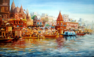 Painting titled "Varanasi Ghats At M…" by Samiran Sarkar, Original Artwork, Acrylic