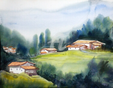 Painting titled "Mountain Village Hi…" by Samiran Sarkar, Original Artwork, Watercolor
