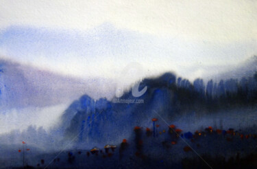 Schilderij getiteld "Misty Himalaya Moun…" door Samiran Sarkar, Origineel Kunstwerk, Aquarel