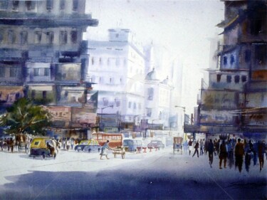 Painting titled "Street of Kolkata" by Samiran Sarkar, Original Artwork, Watercolor