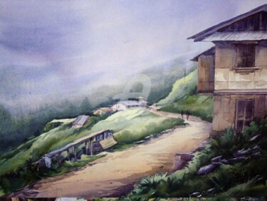 Peinture intitulée "Mountain Village at…" par Samiran Sarkar, Œuvre d'art originale