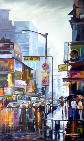 Painting titled "City Street at Rain…" by Samiran Sarkar, Original Artwork, Acrylic