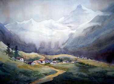 Pintura intitulada "Landscape of Himala…" por Samiran Sarkar, Obras de arte originais, Aquarela
