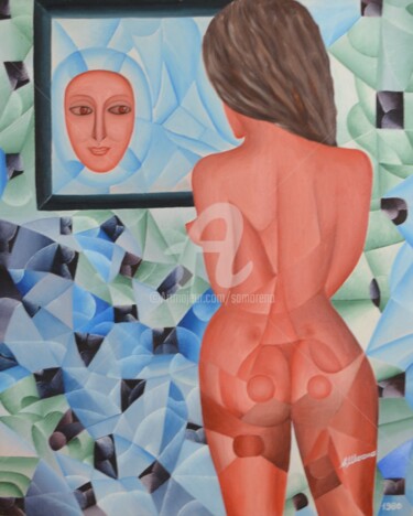 Schilderij getiteld "LA FEMME AU MIROIR" door Salvador  Moreno, Origineel Kunstwerk, Olie