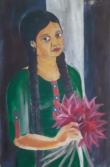 Painting titled "Flower Princess" by Sampath Koralage, Original Artwork, Acrylic