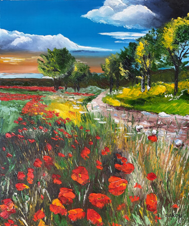 Painting titled "Coquelicots dans la…" by Samuel Kouyoumdjian, Original Artwork, Oil Mounted on Wood Stretcher frame