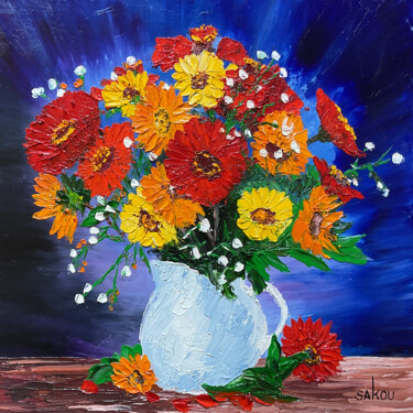 Painting titled "Fleurs des champs" by Samuel Kouyoumdjian, Original Artwork, Oil Mounted on Wood Stretcher frame