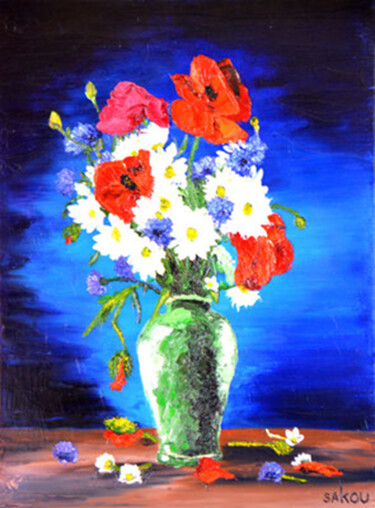 Painting titled "Bouquet républicain" by Samuel Kouyoumdjian, Original Artwork, Oil Mounted on Wood Stretcher frame