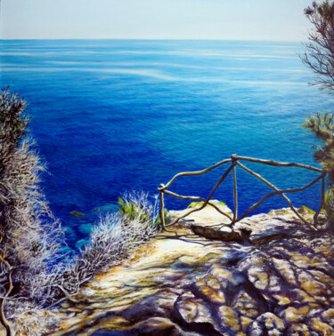 「In the blu」というタイトルの絵画 Sandによって, オリジナルのアートワーク, オイル ウッドストレッチャーフレームにマウント