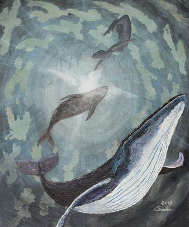 Schilderij getiteld "Whale Dance" door Sandira, Origineel Kunstwerk, Acryl Gemonteerd op Frame voor houten brancard
