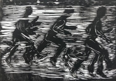 Druckgrafik mit dem Titel "L’homme qui court" von Sandra Bédu, Original-Kunstwerk, Linoldrucke