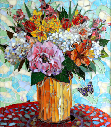 Schilderij getiteld "Cape Cod Floral" door Sandra Bryant, Origineel Kunstwerk, Mozaïek Gemonteerd op Andere stijve panelen