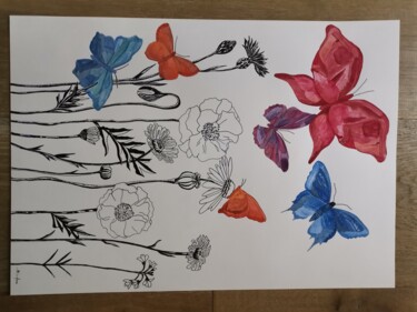 Dessin intitulée "Papillons et fleurs…" par Sandra Delfanne, Œuvre d'art originale, Encre