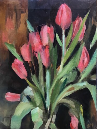 Painting titled "Red Tulips" by Sandra Haney, Original Artwork, Oil Mounted on Wood Stretcher frame