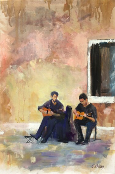 Painting titled "Venice Musicians" by Sandra Haney, Original Artwork, Oil Mounted on Wood Stretcher frame