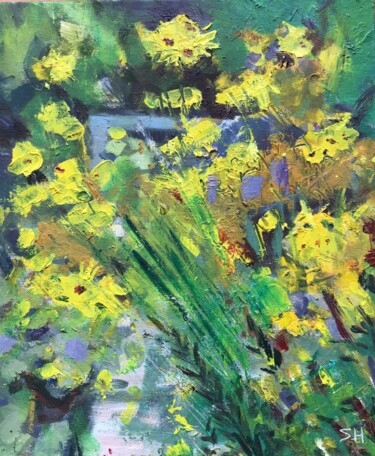 Painting titled "Summer Buzz" by Sandra Haney, Original Artwork, Oil Mounted on Other rigid panel