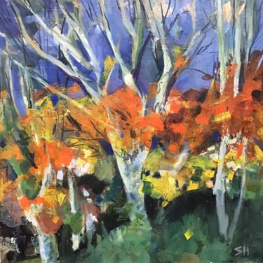 Painting titled "Bright Autumn Trees" by Sandra Haney, Original Artwork, Oil Mounted on Wood Stretcher frame