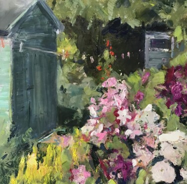 Painting titled "Garden with petunias" by Sandra Haney, Original Artwork, Oil Mounted on Wood Panel