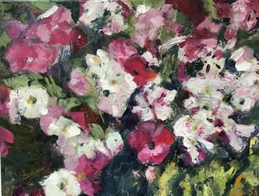 Painting titled "Petunias" by Sandra Haney, Original Artwork, Oil Mounted on Wood Stretcher frame