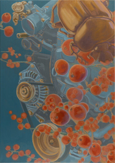 Malarstwo zatytułowany „Maschine und rote B…” autorstwa Sandra Kolondam, Oryginalna praca, Olej Zamontowany na Drewniana ram…