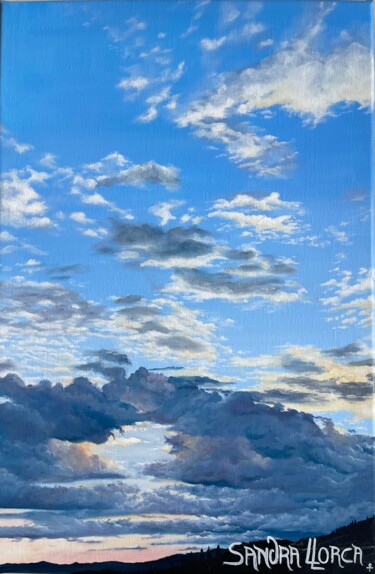 Painting titled "Paysage ciel nuageux" by Sandra Llorca, Original Artwork, Oil Mounted on Wood Stretcher frame
