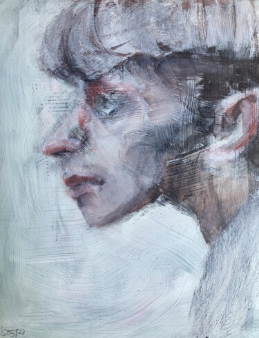 Painting titled "Portrait in profile" by Sandra Ludwig, Original Artwork, Watercolor Mounted on Wood Panel