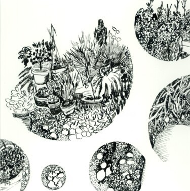 Рисунок под названием "Pots et plantes" - Sandra Vigouroux, Подлинное произведение искусства, Чернила