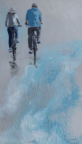 Painting titled ""vélos pour nuages"" by Sandrine Gergaud, Original Artwork, Acrylic Mounted on Wood Stretcher frame