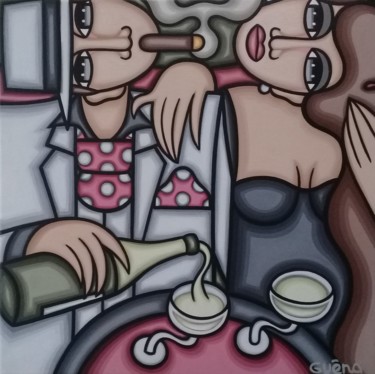 Peinture intitulée "Champagne et cigare" par Guena, Œuvre d'art originale, Acrylique