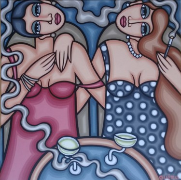 Painting titled "Champagne et rouge…" by Guena, Original Artwork, Acrylic