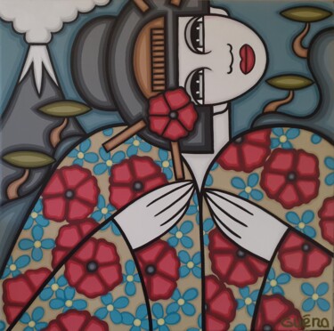 Painting titled "Geisha et mont Fuji…" by Guena, Original Artwork, Acrylic Mounted on Wood Stretcher frame