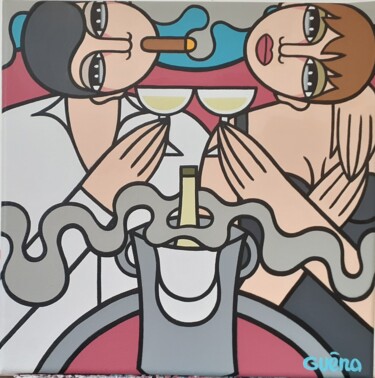 Painting titled "Champagne pour deux…" by Guena, Original Artwork, Acrylic Mounted on Wood Stretcher frame