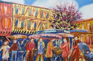 Painting titled "Marché Ville Mirepo…" by Sandrine Lefebvre, Original Artwork, Oil Mounted on Wood Stretcher frame