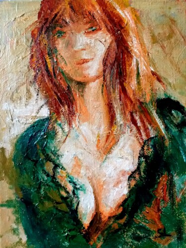 Painting titled "Femme Rousse Sensue…" by Sandrine Lefebvre, Original Artwork, Acrylic Mounted on Wood Stretcher frame